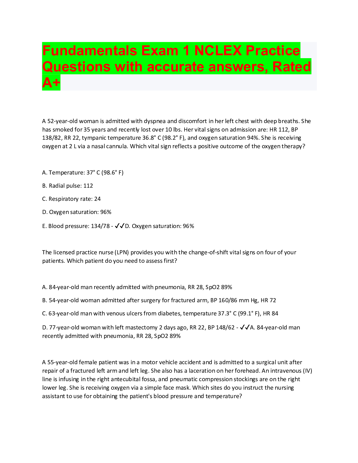 Preview image for Fundamentals Exam 1 NCLEX Practice Questions With 100%  Accurate Answers - Already Graded A+
